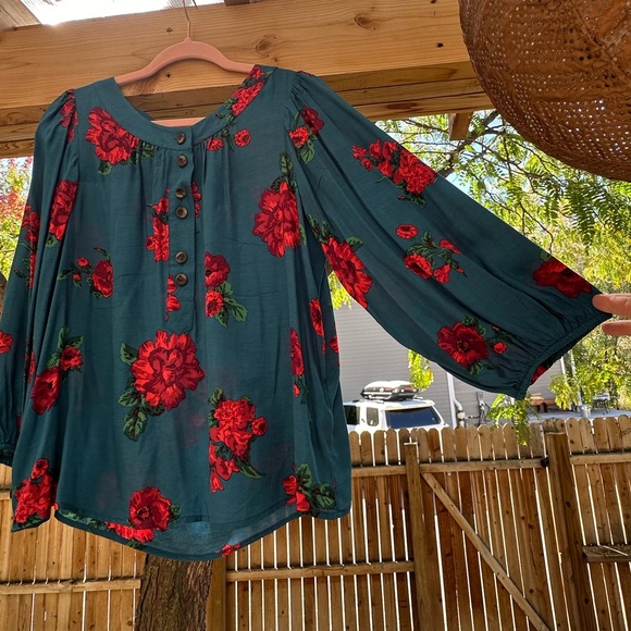 Anthropologie Maeve Kalas Henley 3/4 Sleeve Teal Floral Blouse Medium - Picture 6 of 16